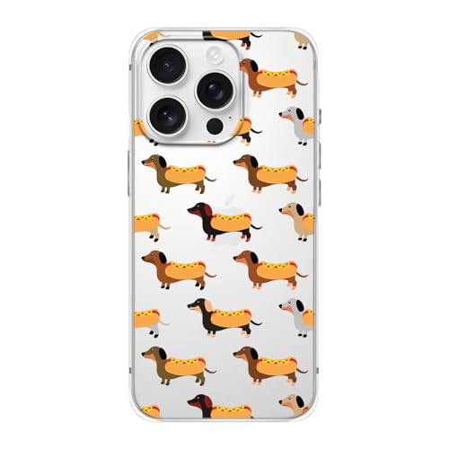 Blingy's Schutzhülle für iPhone 16 Pro, lustiges Dackel-Hundemuster, niedliches Haustier-Stil, lustiges Cartoon-Tier-Design, transparent, weiches TPU, 16 cm (6,3 Zoll) (Hot Dogs) von Blingy's