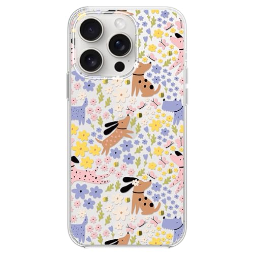 Blingy's Schutzhülle für iPhone 16 Pro, niedliches florales Hundemuster, lustiges Blumen-, Tierstil, Cartoon-Design, transparent, weiches TPU, transparent (floraler brauner Hund) von Blingy's