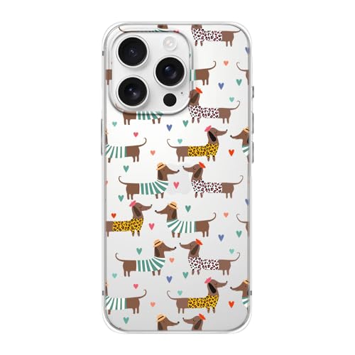 Blingy's Schutzhülle für iPhone 16 Pro Max, bezaubernder Dackel-Hunde-Stil mit Herzmuster, niedliches Tier-Design, transparent, weiches TPU, 17,5 cm (6,9 Zoll) (Dackel in Hemden) von Blingy's