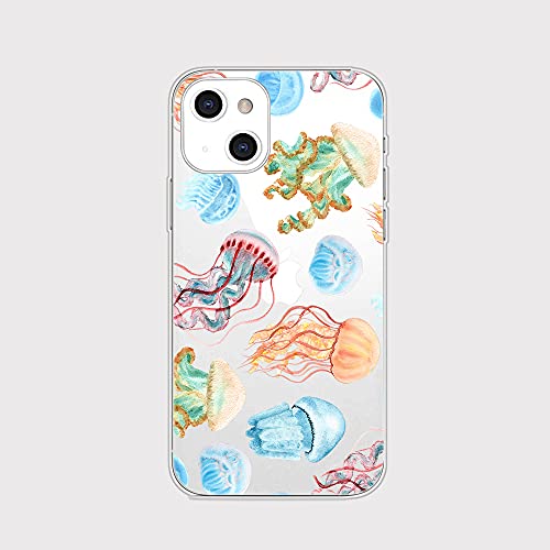 Blingy's Schutzhülle für iPhone 13 (6,1 Zoll), süßes Quallenmuster, Ozeanfisch-Design, lustig, Tier, Strand-Stil, transparent, weiches TPU, transparent, Quallen) von Blingy's