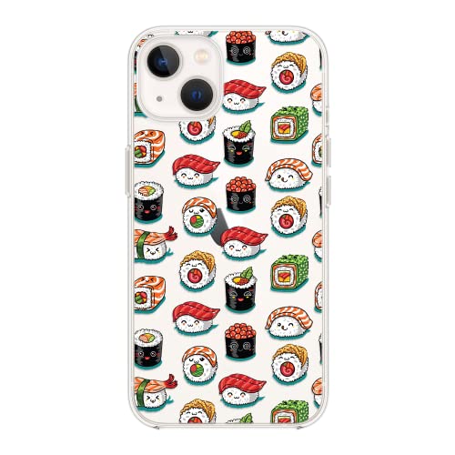 Blingy's iPhone 14 Hülle, lustiges Sushi-Muster mit niedlichen Emojis, lustiges Cartoon-Essen-Design, transparent, weich, TPU, Schutzhülle, transparent, kompatibel mit iPhone 14, 6,1 Zoll (lustiger von Blingy's