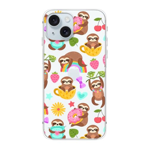 Blingy's Schutzhülle für iPhone 15, niedliches Faultier-Stil mit Donut-Erdbeer-Muster, tropisches Design, transparent, weiches TPU, transparent, 15,5 cm (6,1 Zoll), Lebensmittel-Faultiere) von Blingy's