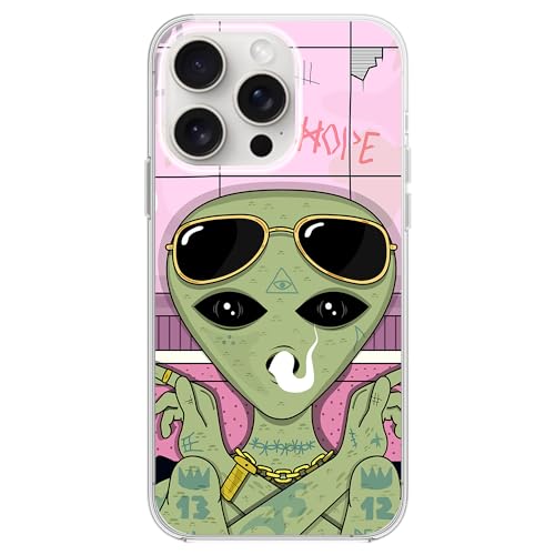 Blingy's iPhone 15 Pro Hülle, cooles Trippy Alien Muster Smoke and Chill in Bath Psychedelic Art Design Soft TPU Protective Case Compatible for iPhone 15 Pro 6.1 inch (Smoking Alien) von Blingy's