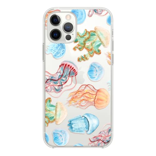 Blingy's Schutzhülle für iPhone 12 Pro (6,1 Zoll), süßes Quallenmuster, lustiges Ozeanfisch-Design, Strandstil, transparent, weiches TPU, transparent, Quallen) von Blingy's