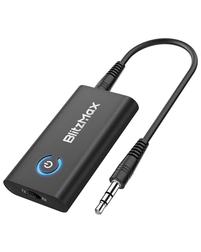 BlitzMax Bluetooth Adapter Transmitter, Bluetooth Receiver auf 2 Kopfhörer 2 in 1 Mini kabelloses Sender/Empfänger mit 3,5mm Klinke, Bluetooth Splitter für Airplane, PC, TV, Auto, Speaker, Gym von BlitzMax