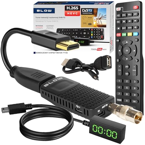 Blow 77-044 DVB-T/T2 7000FHD H.265 Mini Digitaler Terrestrischer TV-Decoder DVB-T2 mit Fernbedienung FullHD HDMI miniUSB microUSB von Blow