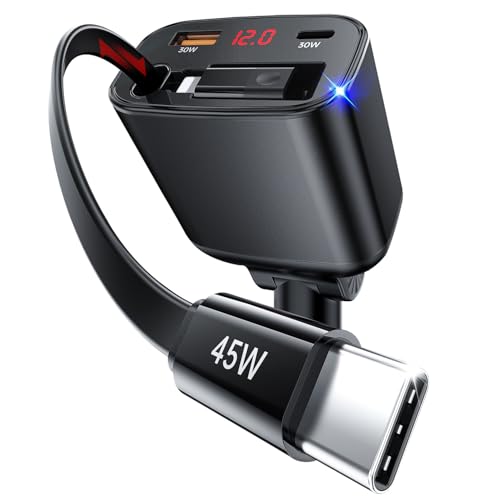 Blsyetec Einziehbares Auto Ladegerät, 105W Handy Schnellladegerät, 12V USB zigarettenanzünder Adapter mit Typ-C Kabel und iPhone SteckerAdapter, Kfz Ladegerät USB C Kompatibel mit iPhone/Galaxy/Pixel Blsyetec Einziehbares Auto Ladegerät, 105W Handy Schnellladegerät, 12V USB zigarettenanzünder Adapter mit Typ-C Kabel und iPhone SteckerAdapter, Kfz Ladegerät USB C Kompatibel mit iPhone/Galaxy/Pixel von Blsyetec