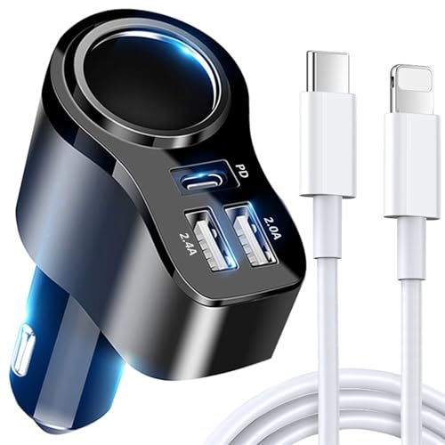 Blsyetec PD 3.0 168W Auto Ladegerät mit USB C auf Lighting Ladekabel Zigarettenanzünder iphone KFZ Ladegerät 12V/24V Autoladegerät Schnellladung Ladeadapter für iPhone 15 14 13, Samsung S23/S22, Pixel von Blsyetec