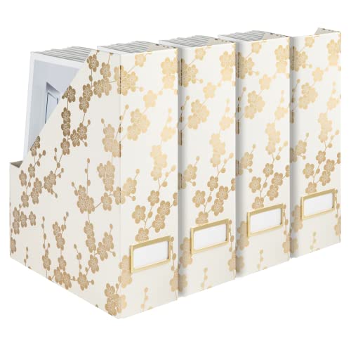 Blu Monaco Dekorative faltbare Zeitschriftenboxen für den Schreibtisch, 4 Stück, mit goldfarbenem Blumenmuster und goldenem Etikettenhalter – ideale Buchboxen oder vertikaler Akten-Organizer machen von Blu Monaco