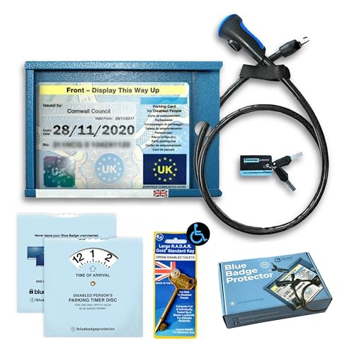 Blauer Ausweishalter für Behinderte, Diebstahlschutz, Sicherheitsvorrichtung für Auto, Set mit Timer, Uhr und Radarschlüssel für behinderte Toiletten, Zugang zu Behindertenparkplätzen und Blauer Ausweishalter für Behinderte, Diebstahlschutz, Sicherheitsvorrichtung für Auto, Set mit Timer, Uhr und Radarschlüssel für behinderte Toiletten, Zugang zu Behindertenparkplätzen und von Blue Badge Protector
