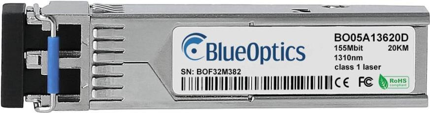 JDSU AC-SFP-100LX kompatibler BlueOptics© SFP Transceiver für Singlemode Datenübertragungen mit 155 Mbit in Glasfaser Netzwerken. Unterstützt Fast Ethernet oder SONET/SDH Anwendungen in Switchen, Routern und ähnlicher Hardware. BlueOptics SFP Transceiver (AC-SFP-100LX-BO) von BlueOptics