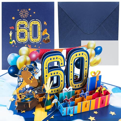Blau Geburtstagskarte zum 60, 60. 3D Pop Up Karte Geburtstag Grußkarte, 60 Blau Jahrestag für Mann Frau, Pop Up Grußkarten für 60 Jahr Geburtstag Jahrestag, mit Umschlag für Geschenk-Karte von Bluelves