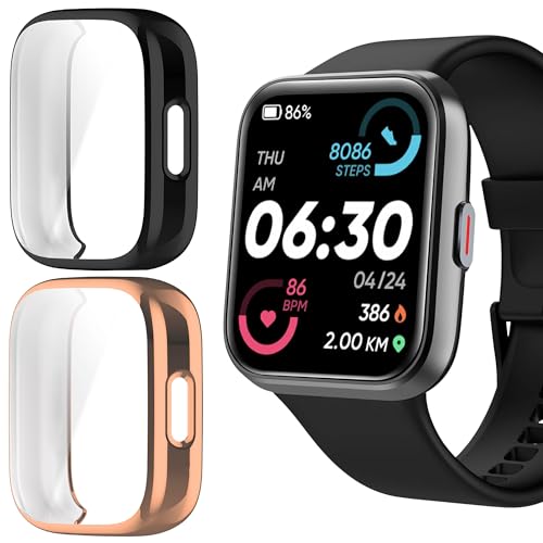 Blueshaweu Schutzhülle Für ID208 Plus Smartwatch 1,8'', Flexibles TPU Vollschutz mit schutzfolie Kratzfest Hülle Kompatibel Für Tensky/Fitpolo/Quican ID208 Plus Smartwatch (schwarz+Roségold) von Blueshaweu