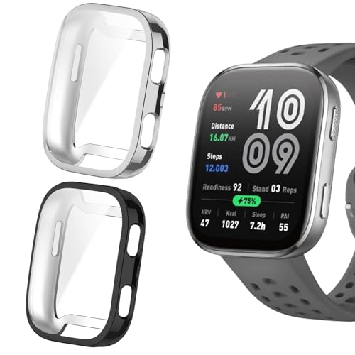Blueshaweu Schutzhülle Kompatibel Für Amazfit Bip 6, Flexibles TPU Vollschutz mit schutzfolie Kratzfest Hülle Kompatibel mit Amazfit Bip 6 Smart Watch 46mm (schwarz+Silber) von Blueshaweu