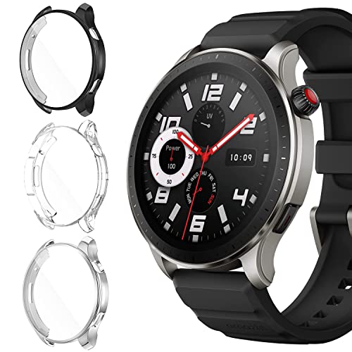 Blueshaweu Schutzhülle Kompatibel mit Amazfit GTR 4, Flexibles TPU Vollschutz mit Displayschutzfolie Kratzfest Displayschutz Schutz Hülle Für Amazfit GTR 4 Smartwatch (schwarz+transparent+Silber) von Blueshaweu