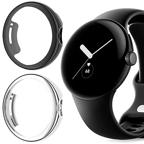 Blueshaweu Schutzhülle Kompatibel mit Google Pixel Watch 2, Flexibles TPU Vollschutz mit Displayschutzfolie Kratzfest Displayschutz Schutz Hülle Für Google Pixel Watch 2(schwarz+Silber) von Blueshaweu