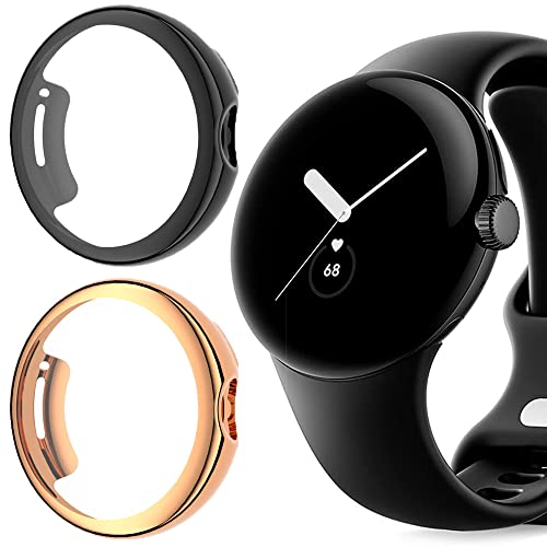 Blueshaweu Schutzhülle Kompatibel mit Google Pixel Watch 2, Flexibles TPU Vollschutz mit Displayschutzfolie Kratzfest Displayschutz Schutz Hülle Für Google Pixel Watch 2 (schwarz+Roségold) von Blueshaweu