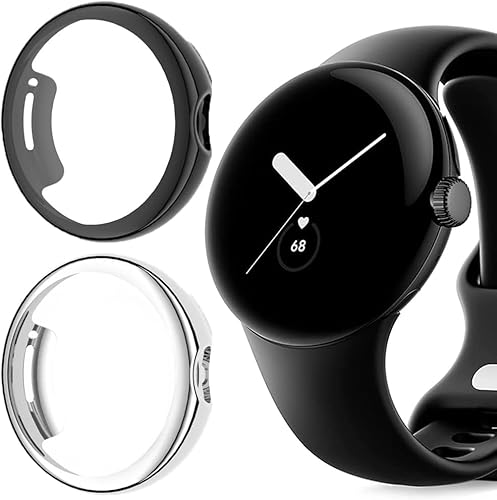 Blueshaweu Schutzhülle Kompatibel mit Google Pixel Watch 3, Flexibles TPU Vollschutz mit schutzfolie Kratzfest Hülle Für Pixel Watch 1/2/ 3 41mm/3 45mm (schwarz+Silber, Watch 3 45mm) von Blueshaweu