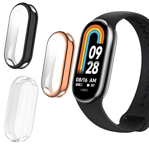 Blueshaweu Schutzhülle Kompatibel mit Xiaomi Mi Smart Band 8, Flexibles TPU Vollschutz mit Displayschutzfolie Kratzfest Displayschutz Hülle Für Xiaomi Mi Smart Band 8 (schwarz+Clear+Roségold) von Blueshaweu