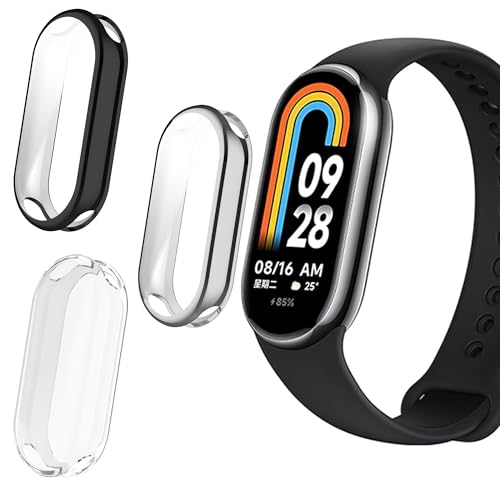 Blueshaweu Schutzhülle Kompatibel mit Xiaomi Mi Smart Band 8, Flexibles TPU Vollschutz mit Displayschutzfolie Kratzfest Displayschutz Hülle Für Xiaomi Mi Smart Band 8 (schwarz+Clear+Silber) von Blueshaweu