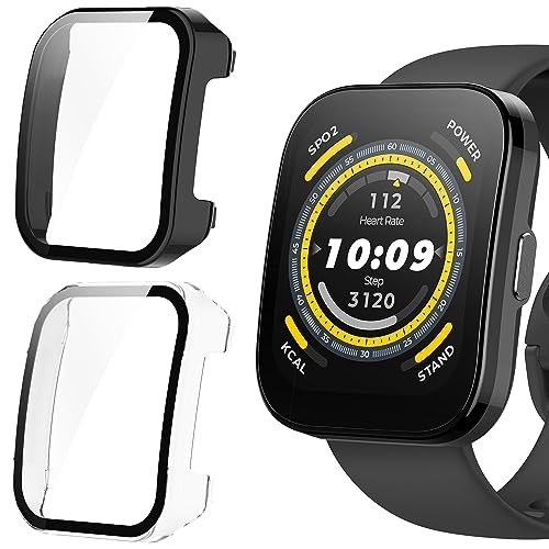 Blueshaweu Schutzhülle für Amazfit Bip 5 Smartwatch, Hard PC hülle mit Glas Displayschutz kompatibel mit Amazfit Bip 5 Smartwatch (schwarz+transparent) von Blueshaweu