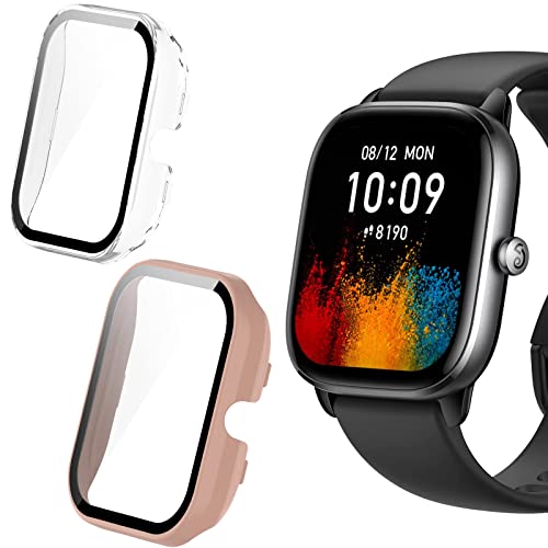 Blueshaweu Schutzhülle für Amazfit GTS 4 Mini Smartwatch, Hard PC hülle mit Glas Displayschutz kompatibel mit Amazfit GTS 4 Mini Smartwatch (rosa+transparent) von Blueshaweu