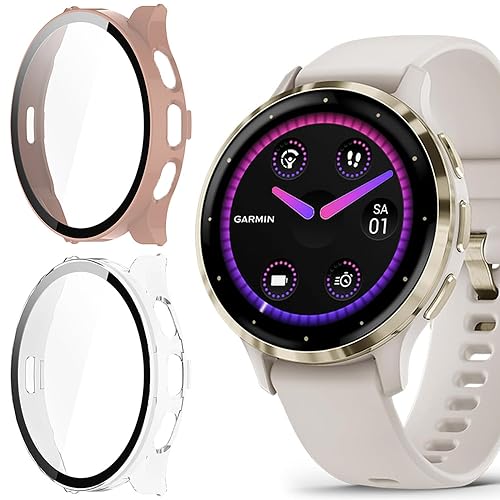 Blueshaweu Schutzhülle für Garmin Venu 3S Smartwatch 41mm, Hard PC hülle mit Glas Displayschutz kompatibel mit Garmin Venu 3S Smartwatch (Pink+transparent) von Blueshaweu
