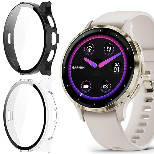 Blueshaweu Schutzhülle für Garmin Venu 3S Smartwatch 41mm, Hard PC hülle mit Glas Displayschutz kompatibel mit Garmin Venu 3S Smartwatch (schwarz+transparent) von Blueshaweu
