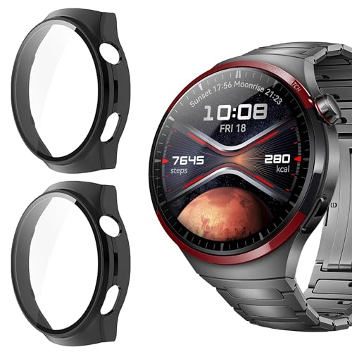 Blueshaweu Schutzhülle für Huawei Watch 4 Pro, [2 Stück] Hard PC hülle mit Glas Displayschutz kompatibel mit Huawei Watch 4 Pro/Huawei Watch 4 Pro Space Edition (schwarz+schwarz, Watch 4 pro) von Blueshaweu
