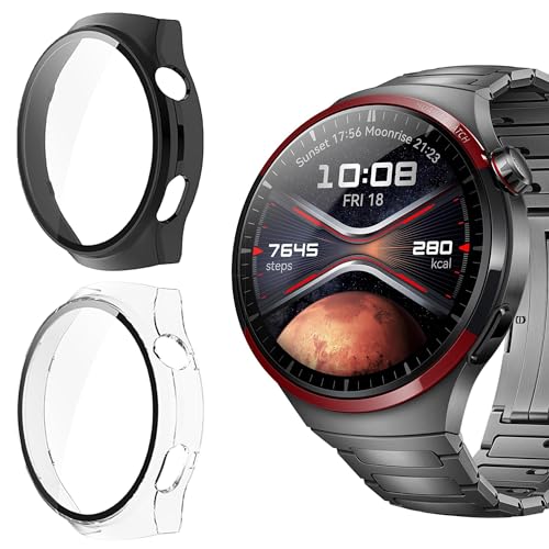 Blueshaweu Schutzhülle für HUAWEI Watch 4 Pro, [2 Stück] Hard PC hülle mit Glas Displayschutz kompatibel mit HUAWEI WATCH 4 Pro/Huawei Watch 4 Pro Space Edition (schwarz+transparent, Space Edition) von Blueshaweu