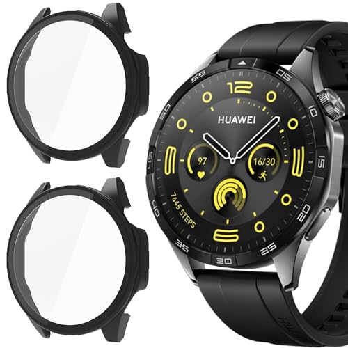 Blueshaweu Schutzhülle für Huawei Watch GT 4 Smartwatch 46mm, Hard PC hülle mit Glas Displayschutz kompatibel mit Huawei Watch GT 4 46mm Smartwatch (schwarz+schwarz) von Blueshaweu