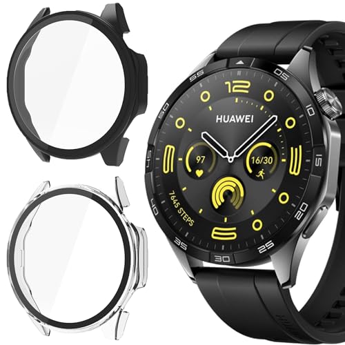 Blueshaweu Schutzhülle für Huawei Watch GT 4 Smartwatch 46mm, Hard PC hülle mit Glas Displayschutz kompatibel mit Huawei Watch GT 4 46mm Smartwatch (schwarz+transparent) von Blueshaweu