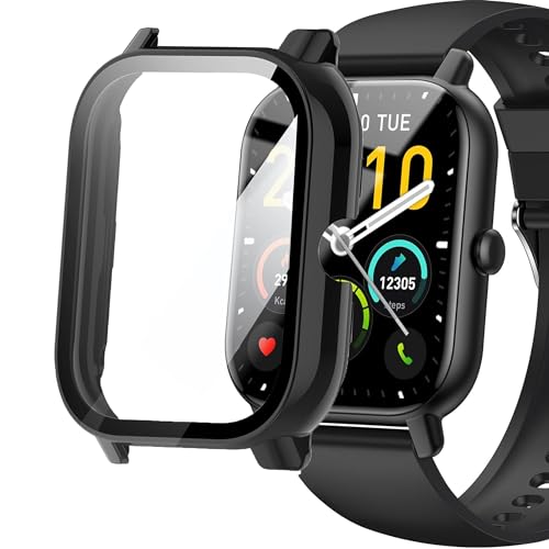 Blueshaweu Schutzhülle für Nerunsa P66D Smartwatch 1,85 Zoll, Hard PC hülle mit Glas Displayschutz kompatibel mit Nerunsa P66D / Aptkdoe P66D / Dotn P66D / Ddidbi P66D Smartwatch (schwarz) von Blueshaweu