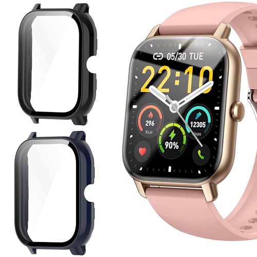 Blueshaweu Schutzhülle für Nerunsa P66D Smartwatch 1,85 Zoll, Hard PC hülle mit Glas Displayschutz kompatibel mit Nerunsa P66D / Aptkdoe P66D / Dotn P66D / Ddidbi P66D Smartwatch (schwarz+blau) von Blueshaweu