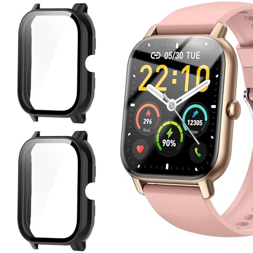 Blueshaweu Schutzhülle für Nerunsa P66D Smartwatch 1,85 Zoll, Hard PC hülle mit Glas Displayschutz kompatibel mit Nerunsa P66D / Aptkdoe P66D / Dotn P66D / Ddidbi P66D Smartwatch (schwarz+schwarz) von Blueshaweu