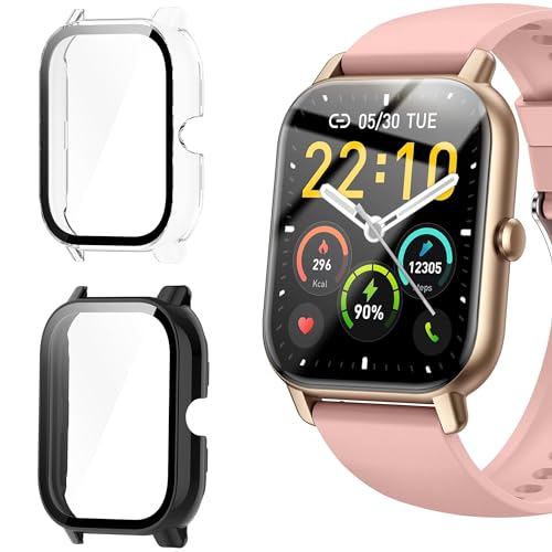 Blueshaweu Schutzhülle für Nerunsa P66D Smartwatch 1,85 Zoll, Hard PC hülle mit Glas Displayschutz kompatibel mit Nerunsa P66D / Aptkdoe P66D / Dotn P66D / Ddidbi P66D Smartwatch (schwarz+transparent) von Blueshaweu