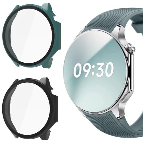Blueshaweu Schutzhülle für ONEPLUS Watch 2, Hard PC hülle mit Glas Displayschutz kompatibel mit OnePlus Watch 2 (schwarz+grün) von Blueshaweu