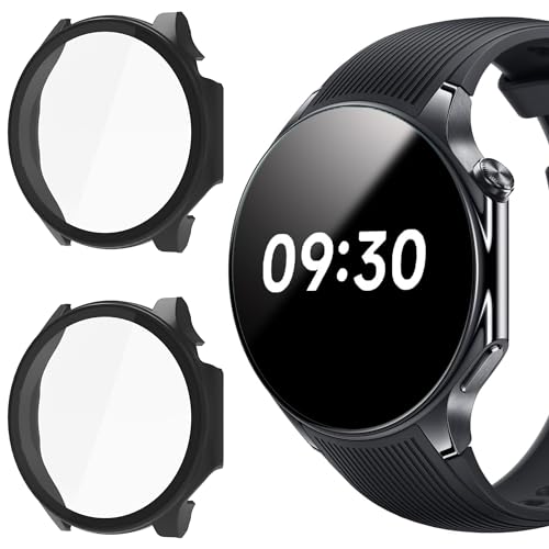 Blueshaweu Schutzhülle für ONEPLUS Watch 2, Hard PC hülle mit Glas Displayschutz kompatibel mit OnePlus Watch 2 (schwarz+schwarz) von Blueshaweu