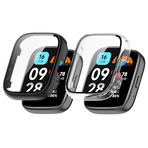 Blueshaweu Schutzhülle für Xiaomi Redmi Watch 3 Active, Hard PC hülle mit Glas Displayschutz kompatibel mit Xiaomi Redmi Watch 3 Active Smartwatch (schwarz+transparent) von Blueshaweu