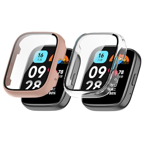 Blueshaweu Schutzhülle für Xiaomi Redmi Watch 3 Active, Hard PC hülle mit Glas Displayschutz kompatibel mit Xiaomi Redmi Watch 3 Active Smartwatch (transparent+Rosa) von Blueshaweu