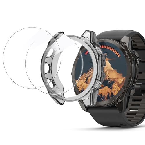 Blueshaweu Schutzhülle kompatibel Für Garmin Fenix 8 Serie, All-Around Case Ultra dünn TPU Schutz Hülle für Fenix 8 43mm/ 47mm AMOLED,SOLAR / 51mm AMOLED,SOLAR (schwarz + 2 Schutzglas, Fenix 8-43MM) von Blueshaweu