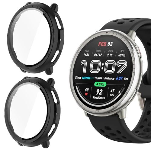 Blueshaweu Schutzhülle kompatibel für Amazfit Active 2 Smart Watch 44mm, Hard PC hülle mit Glas Displayschutz kompatibel mit Amazfit Active 2 Smart Watch 44mm (schwarz+schwarz) von Blueshaweu
