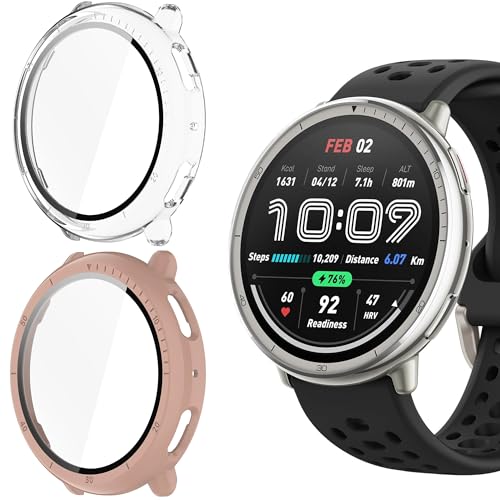 Blueshaweu Schutzhülle kompatibel für Amazfit Active 2 Smart Watch 44mm, Hard PC hülle mit Glas Displayschutz kompatibel mit Amazfit Active 2 Smart Watch 44mm (transparent+Rose) von Blueshaweu