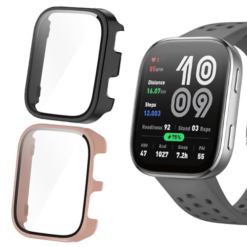 Blueshaweu Schutzhülle kompatibel für Amazfit Bip 6 Smart Watch 46mm, Hard PC hülle mit Glas Displayschutz kompatibel mit Amazfit Bip 6 (schwarz+pink) von Blueshaweu