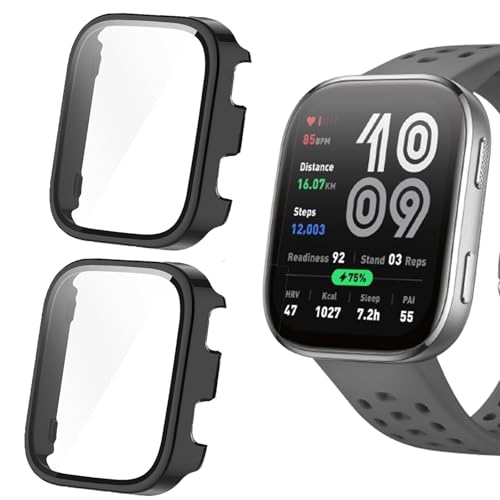 Blueshaweu Schutzhülle kompatibel für Amazfit Bip 6 Smart Watch 46mm, Hard PC hülle mit Glas Displayschutz kompatibel mit Amazfit Bip 6 (schwarz+schwarz) von Blueshaweu