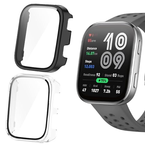 Blueshaweu Schutzhülle kompatibel für Amazfit Bip 6 Smart Watch 46mm, Hard PC hülle mit Glas Displayschutz kompatibel mit Amazfit Bip 6 (schwarz+transparent) von Blueshaweu