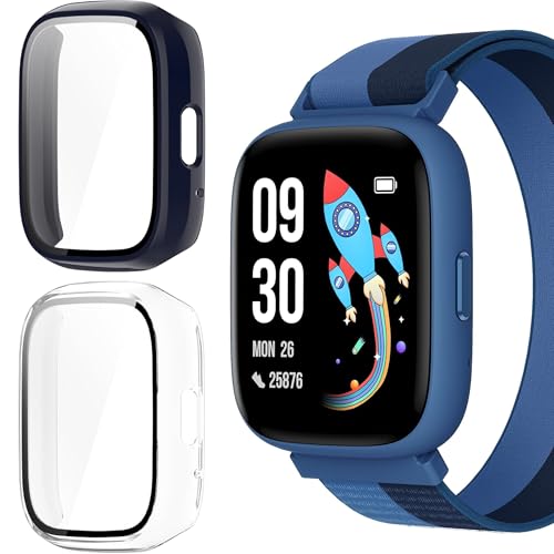 Blueshaweu Schutzhülle kompatibel für BIGGERFIVE Smartwatch Kinder 1,8" BW02, Hard PC hülle mit Glas Displayschutz kompatibel mit BIGGERFIVE Brave 2 Smartwatch (blau+transparent) von Blueshaweu