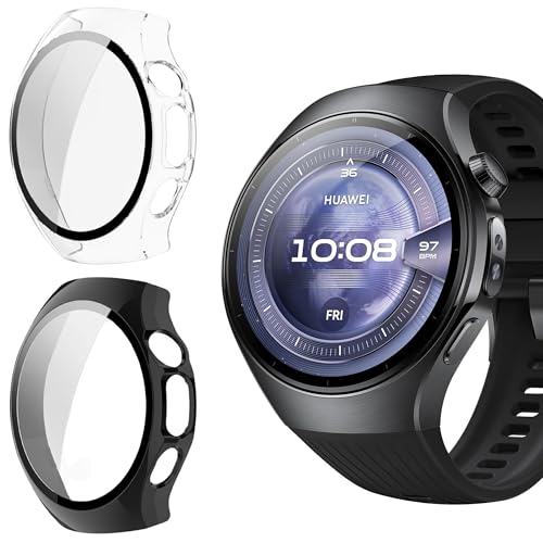Blueshaweu Schutzhülle kompatibel für Huawei Watch 5, Hard PC hülle mit Glas Displayschutz kompatibel mit Huawei Watch 5 42mm/46mm Smartwatch (schwarz+Transparenz, für 42mm) von Blueshaweu