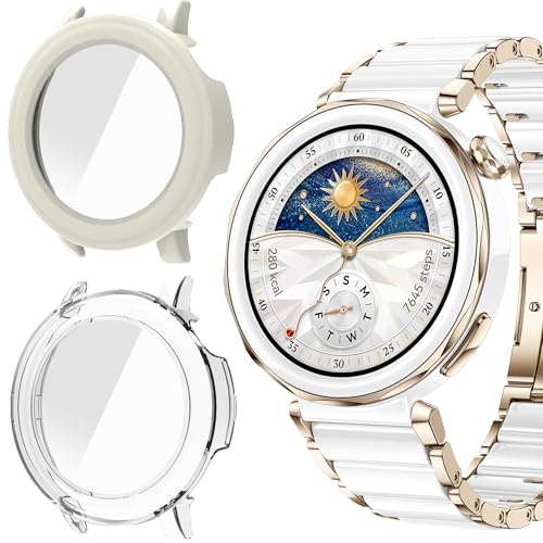 Blueshaweu Schutzhülle kompatibel für Huawei Watch GT 5 Pro Smartwatch 42mm, Hard PC hülle mit Glas Displayschutz kompatibel mit Huawei Watch GT 5 Pro 42mm (Milchweiß+transparent) von Blueshaweu