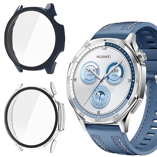 Blueshaweu Schutzhülle kompatibel für Huawei Watch GT 5 Smartwatch 46MM, Hard PC hülle mit Glas Displayschutz kompatibel mit Huawei Watch GT 5 46mm (Nicht GT5 Pro) (blau+transparent) von Blueshaweu